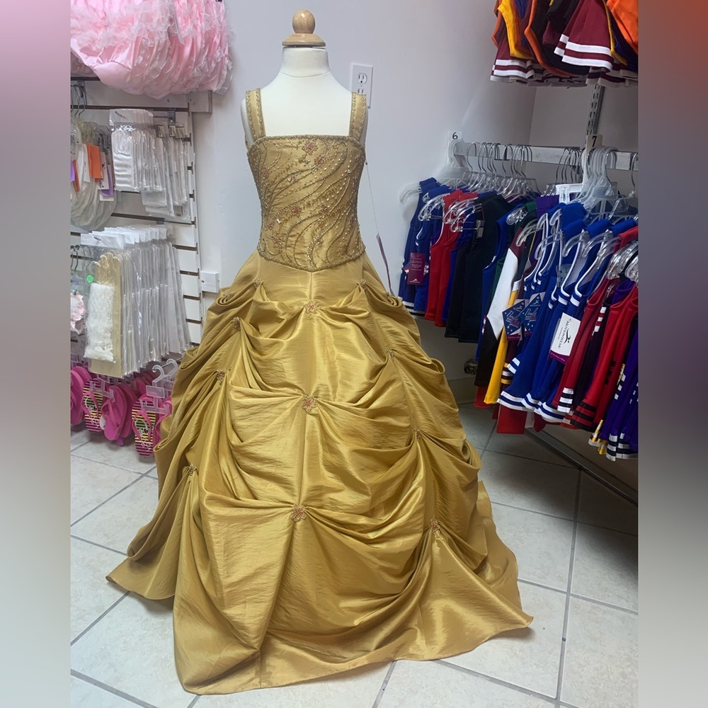 Childs Size 8 Perfect Angel Gold Beaded Long Ballgown Pageant Dress NWT